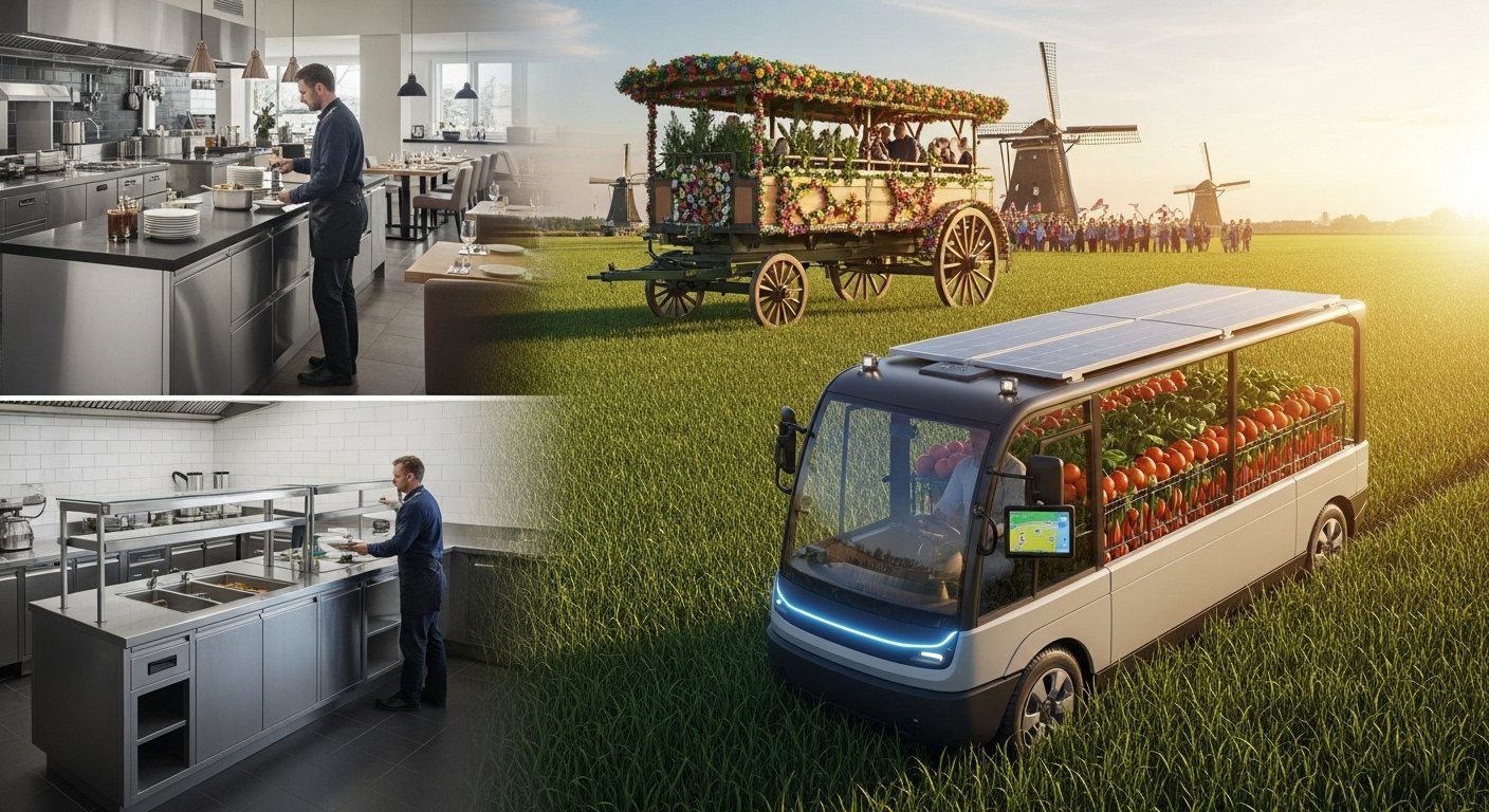 Versatile afruimwagens in farming, horeca, and Dutch festival, showcasing efficiency and sustainability.