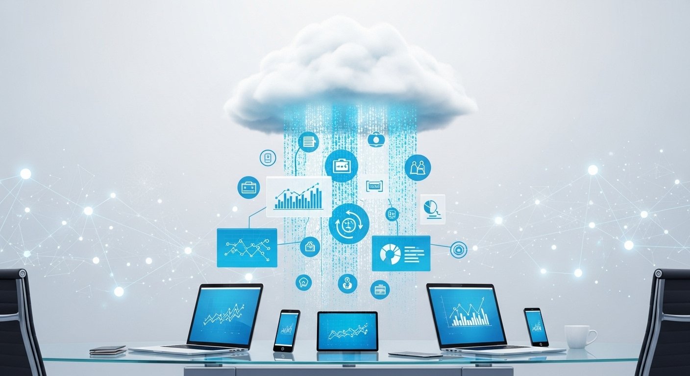 Cloud with data streams flowing to devices, representing Dados As (Data as a Service).