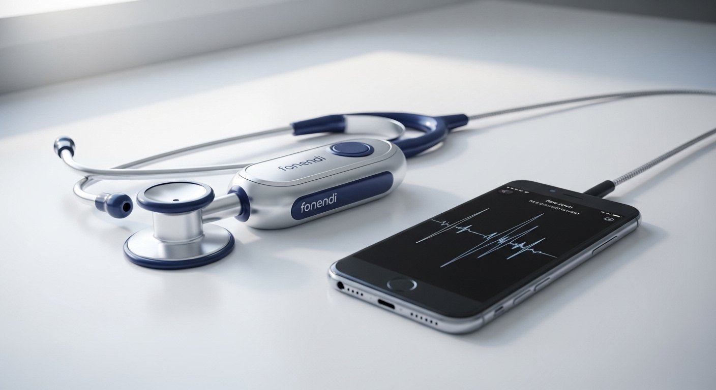 Modern digital stethoscope (fonendi) with smartphone showing heart waveforms on a clinic desk