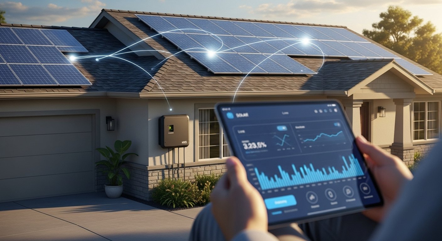 Modern house rooftop solar panels with smart monitoring system for HMS Photovoltaik.